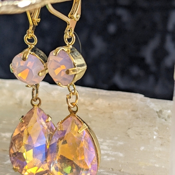 Pink Opal/ Rosewater and Large Pink AB Crystal Drop Down Earrings in Yellow Gold - Picture 1 of 4